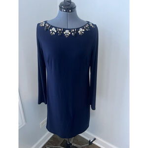 Vince Camuto Navy Embellished Neckline Cocktail Long Sleeve Dress Size 10